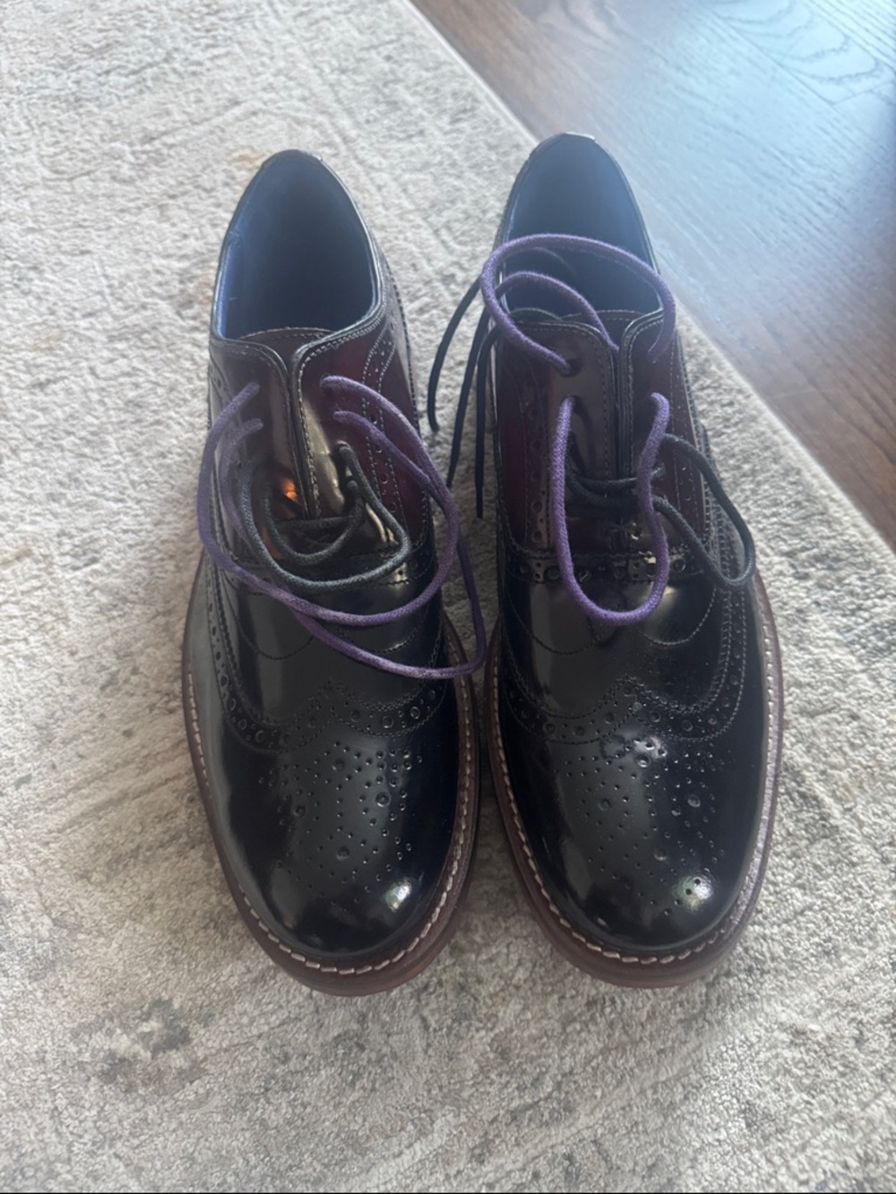 Ted Baker Black Patent Wingtip Derbys with Purple Laces and Brown Sole
